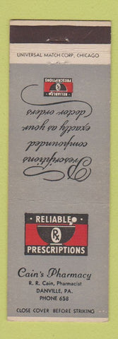 Matchbook Cover - Cain's Drug Store Danville PA low phone #