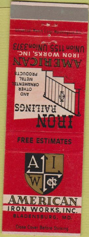 Matchbook Cover - American Iron Works Bladensburg MD