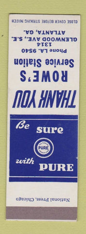 Matchbook Cover - Rowe's Pure oil gas Atlanta GA SAMPLE