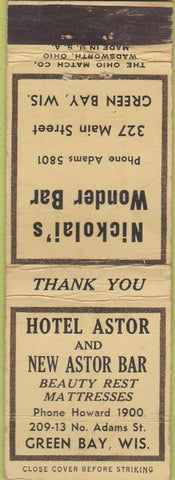 Matchbook Cover - Hotel Astor Green Bay WI WORN