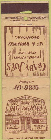 Matchbook Cover - Craby Joes Oakland CA Country Hillbilly music