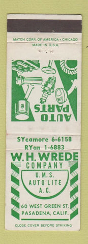 Matchbook Cover - WH Wrede Auto Parts Pasadena CA
