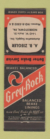 Matchbook Cover - Grey Rock Brake Linings AB Ziegler Auto Parts Norristown PA