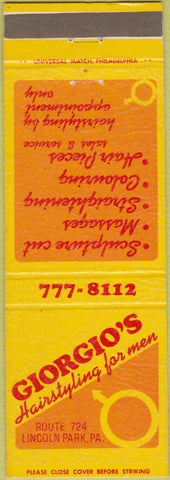 Matchbook Cover - Giorgio's Hairstyling Lincoln Park PA