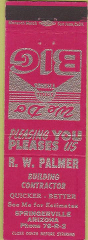 Matchbook Cover - RW Palmer Building Contractor Springerville AZ
