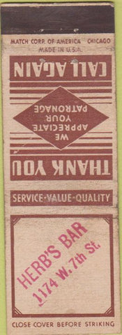 Matchbook Cover - Herb's Bar STAMPED WEAR
