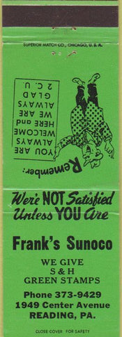 Matchbook Cover - Frank's Sunoco oil gas S and H Green Stamps Reading PA