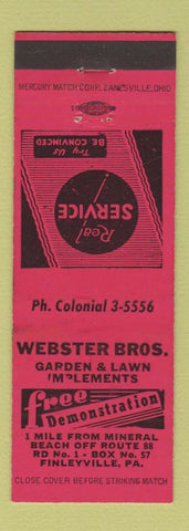 Matchbook Cover - Webster Bros Garden Lawn Mowers Finleyville PA