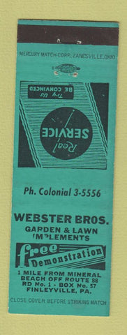 Matchbook Cover - Webster Bros Garden Lawn Mowers Finleyville PA