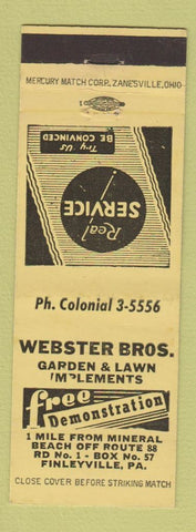 Matchbook Cover - Webster Bros Garden Lawn Mowers Finleyville PA