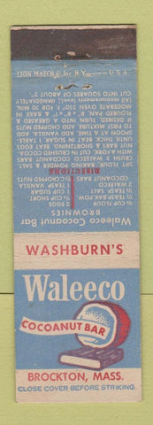 Matchbook Cover - Waleeco Cocoanut Candy Bar Washburn's Brockton MA