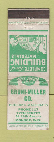 Matchbook Cover - Bruni Miller Building Materials Lumber Monroe WI WORN
