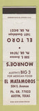 Matchbook Cover - Monroe's Mexican Food El Toro El Matamoros Austin TX