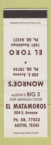 Matchbook Cover - Monroe's Mexican Food El Toro El Matamoros Austin TX