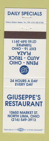 Matchbook Cover - Union 76f oil gas Giuseppe's Restaurant North Lima OH