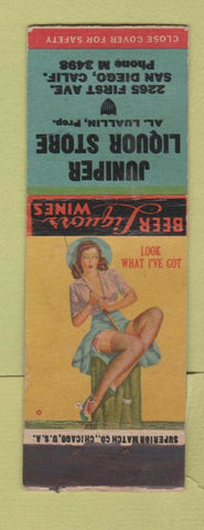 Matchbook Cover - Juniper Liquor Store San Diego CA pinup WWII WORN BACK