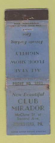 Matchbook Cover - Club Mirador Homestead PA WORN