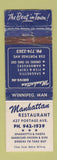 Matchbook Cover - Manhattan Restaurant Winnipeg MB WORN