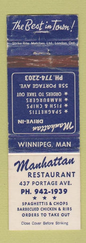 Matchbook Cover - Manhattan Restaurant Winnipeg MB WORN