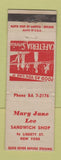 Matchbook Cover - Mary Jane Lee Sandwich Shop New York City