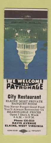 Matchbook Cover - City Restaurant Elkins WV