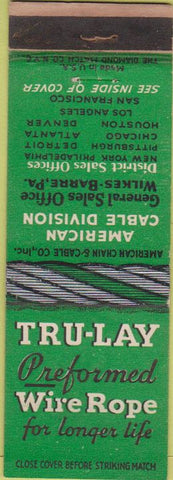 Matchbook Cover - Tru Lay Wire Rope Wilkes Barre PA