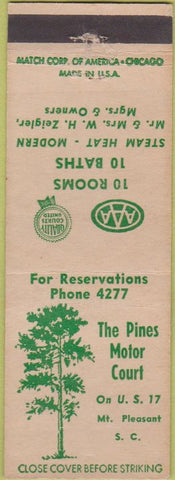 Matchbook Cover - Pines Motor Court Moutn Pleasant SC