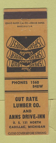 Matchbook Cover - Cut Rate Lumber Anns Drive Inn Cadillac MI