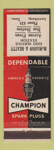 Matchbook Cover Champion Spark Plugs McMahon & Beatty Esso oil gas Lewisburg TN