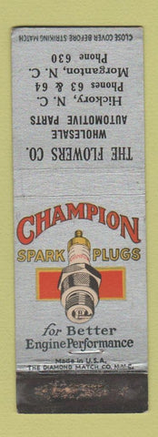 Matchbook Cover - Champion Spark Plugs Flowers Auto Parts Hickory Morganton NC