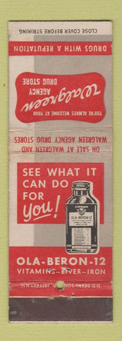 Matchbook Cover - Walgreens Drug Stores Ola Beron Vitamins DD Bean WEAR