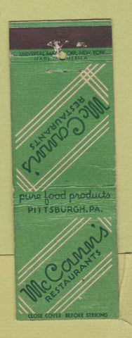 Matchbook Cover - McCann's Restaurants Pittsburgh PA