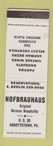 Matchbook Cover - Hofbrauhaus German Restaurant Abbottstown PA