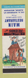 Matchbook Cover - Main Restaurant Albion MI hillbilly SAMPLE