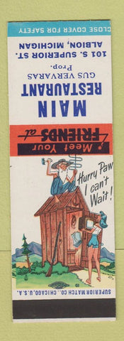 Matchbook Cover - Main Restaurant Albion MI hillbilly SAMPLE