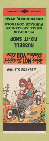 Matchbook Cover - Russell Fix It Shop Green River UT hillbilly SAMPLE