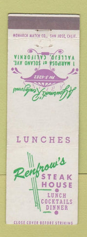 Matchbook Cover - Renfrow's Steak House Vallejo CA WEAR