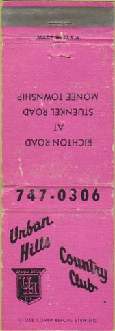 Matchbook Cover - Urban Hills Country Club Monee Township WORN
