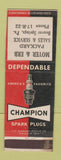 Matchbook Cover - Champion Spark Plugs Moyer & Erb Packard Beaver Springs PA