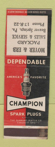 Matchbook Cover - Champion Spark Plugs Moyer & Erb Packard Beaver Springs PA