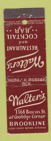 Matchbook Cover - Walter's Restaurant Brookline MA feature WORN