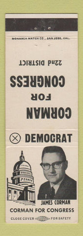 Matchbook Cover - James Corman for Congress Election CA California