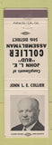 Matchbook Cover - John LE Bud Collier Assemblyman Election CA?
