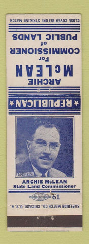 Matchbook Cover - Archie McLean Commissioner of Public Lands Election