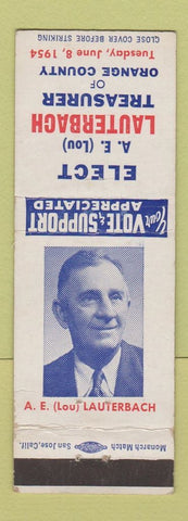 Matchbook Cover - AE Lauterbach Treasurer Election Orange County CA 1954