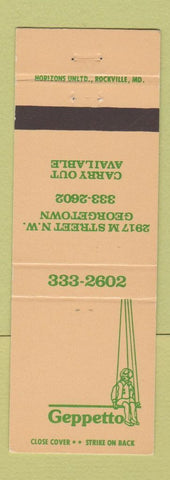 Matchbook Cover - Geppetto Restaurant Georgetown Washington DC