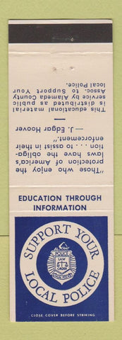 Matchbook Cover - Support Local Police Alameda CA J Edgar Hoover