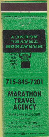 Matchbook Cover - Marathon Travel Agency Wausau WI green