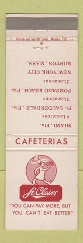 Matchbook Cover - St Clairs Cafeterias Miami Fort Lauderdale FL Boston MA