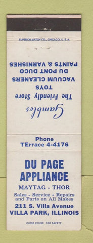 Matchbook Cover - Du Page Appliance Maytag Thor Villa Park IL Vacuum Cleaners